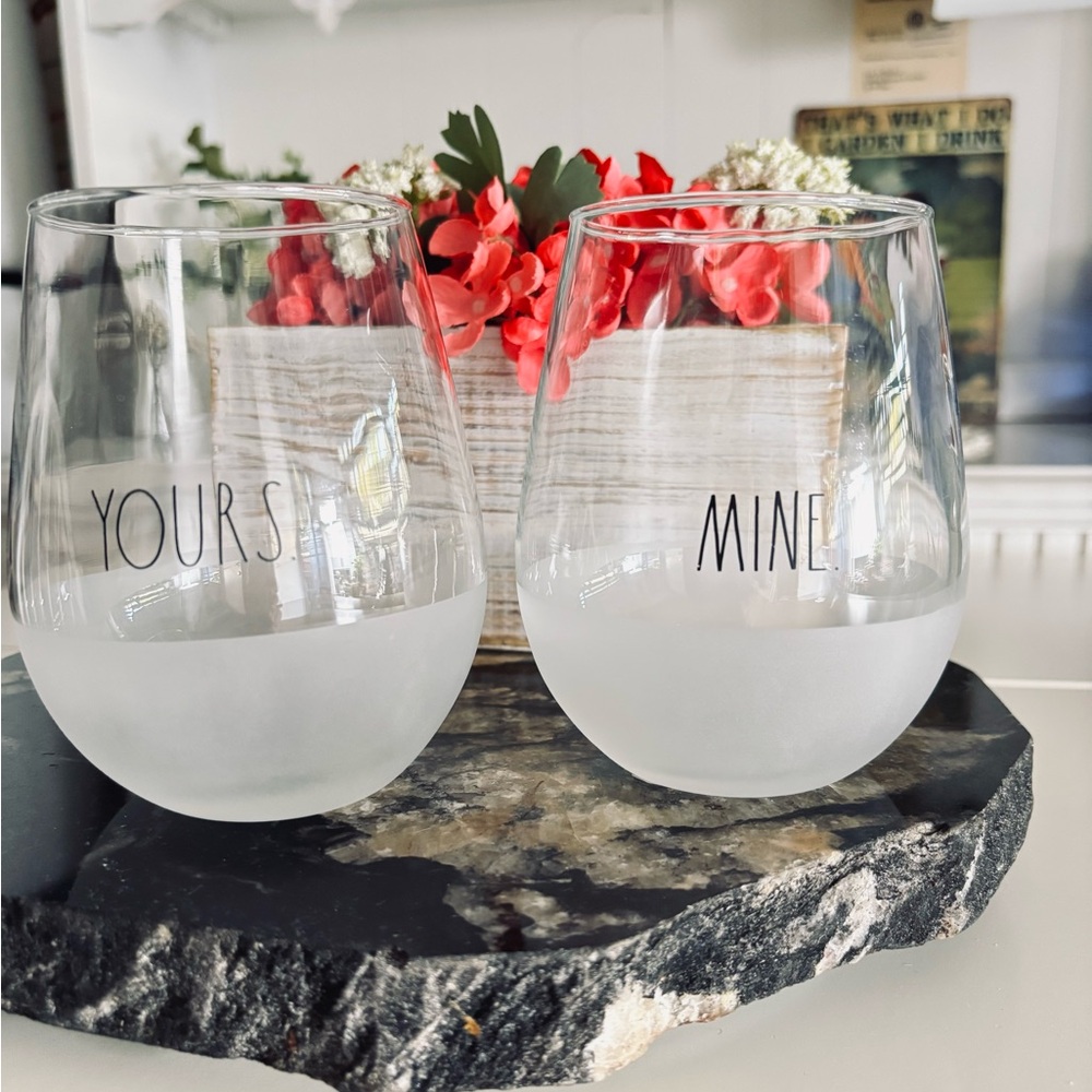 Rae Dunn By Enchante YOURS MINE Set Stemless Wine Glasses
